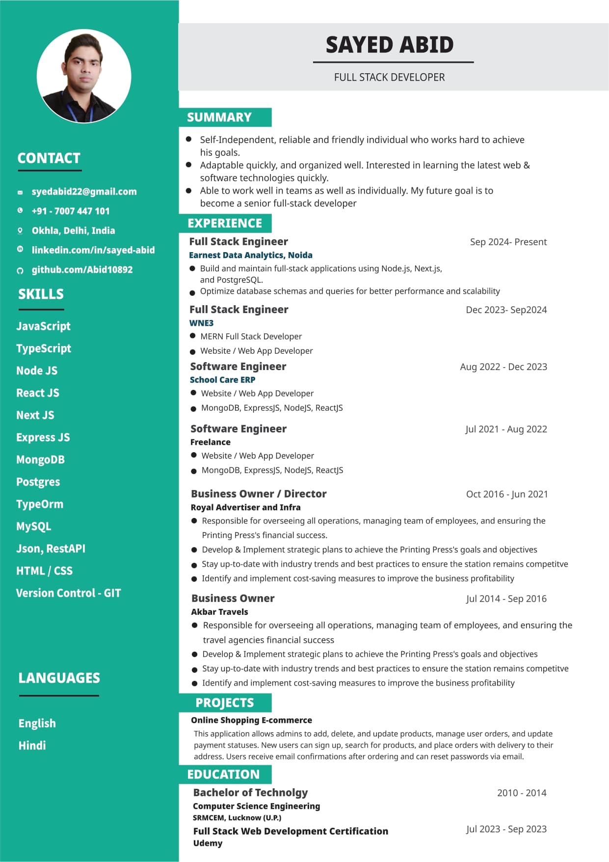 Sayed Abid Resume Document Preview